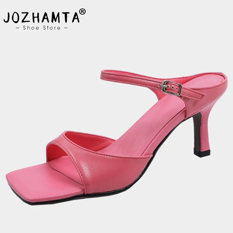 

JOZHAMTA Size 33-41 Women Sandals Summer High Heels Shoes For Women Mules Genuine Leather Buckle Party Slippers Open Toe Slides