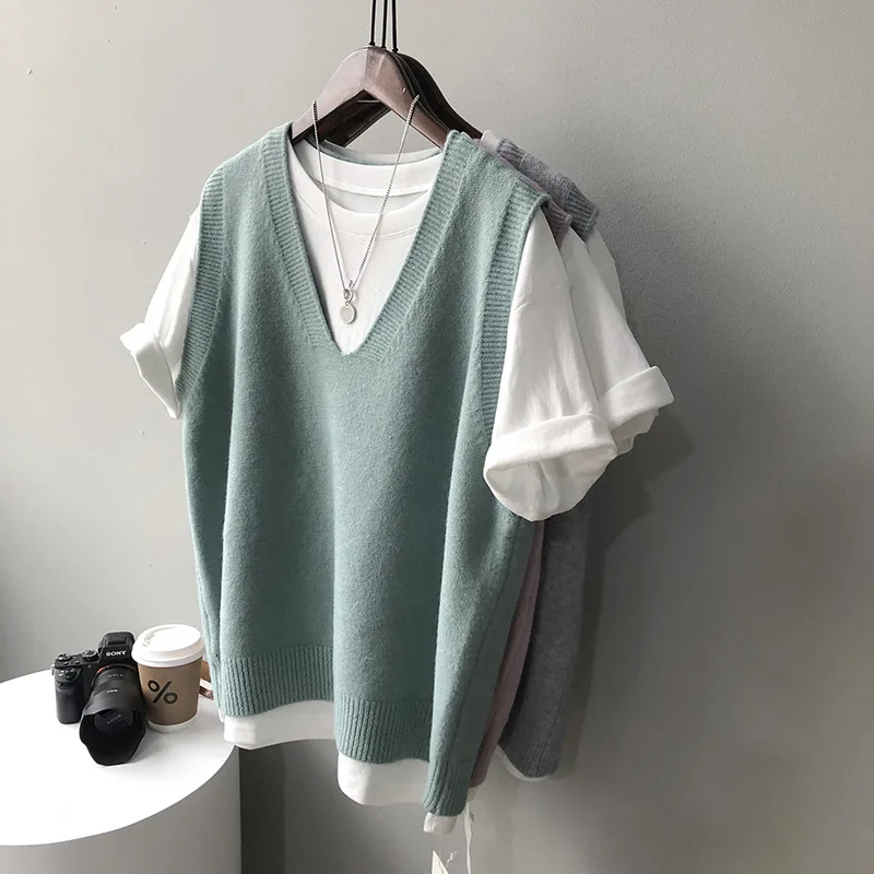 Red Knited Tracksuit Women Exercise Sweaters Knitting Vest Solid Retro Undershirt V-neck Loose Sleeveless Female Tops Knitwear