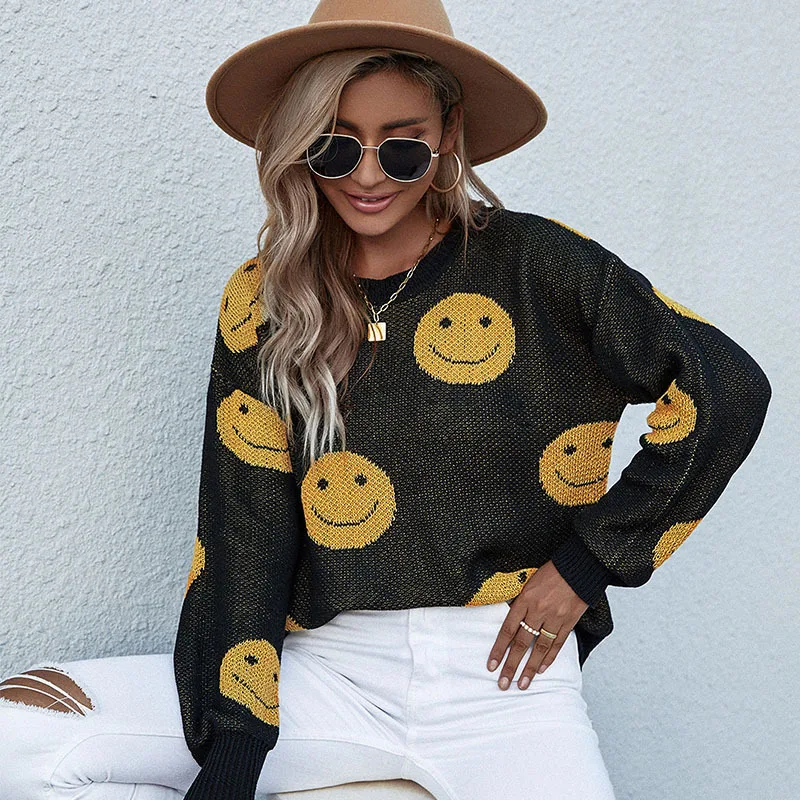 

Korean Fashion Women's Sweater Zredara Harajuku Black Knitted Round Neck Smiley Knitted Sweater Top Pullover Sueter Mujer