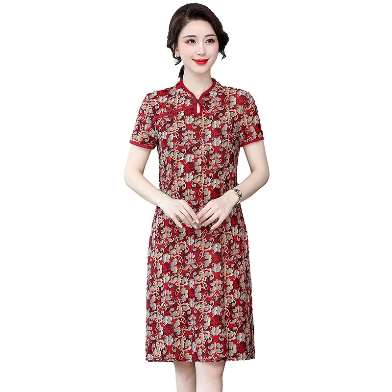 

Chinese Style vintage cheongsam dress women elegant flowers dress summer ladies midi dress