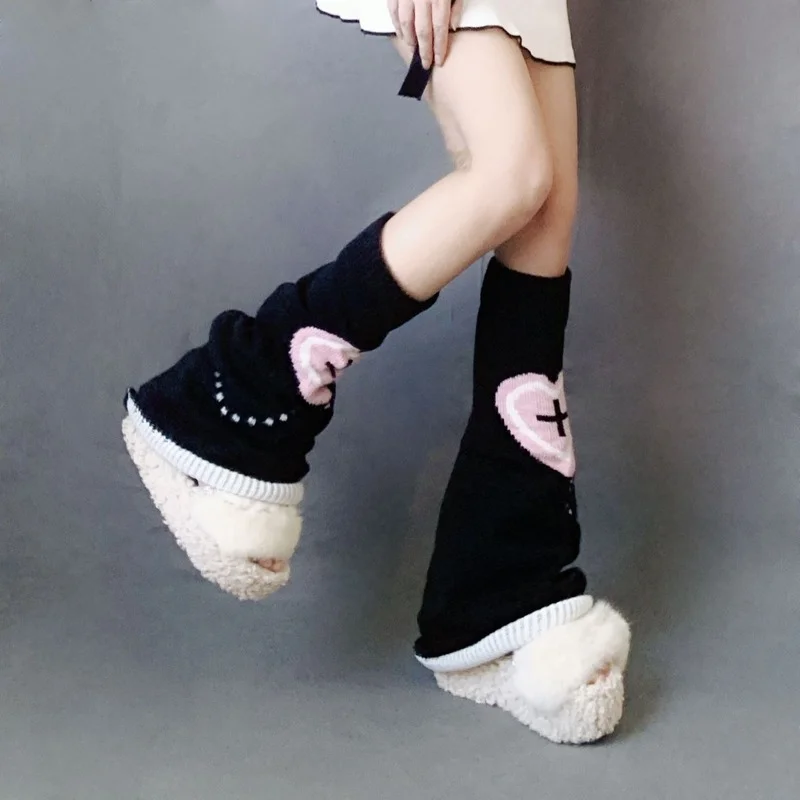 Harajuku Japanese JK Knitted Loose Punk Lolita Leg Socks Sweet Heart Printed Leg Warmers Socks Autumn and Winter Thin Leg Cover