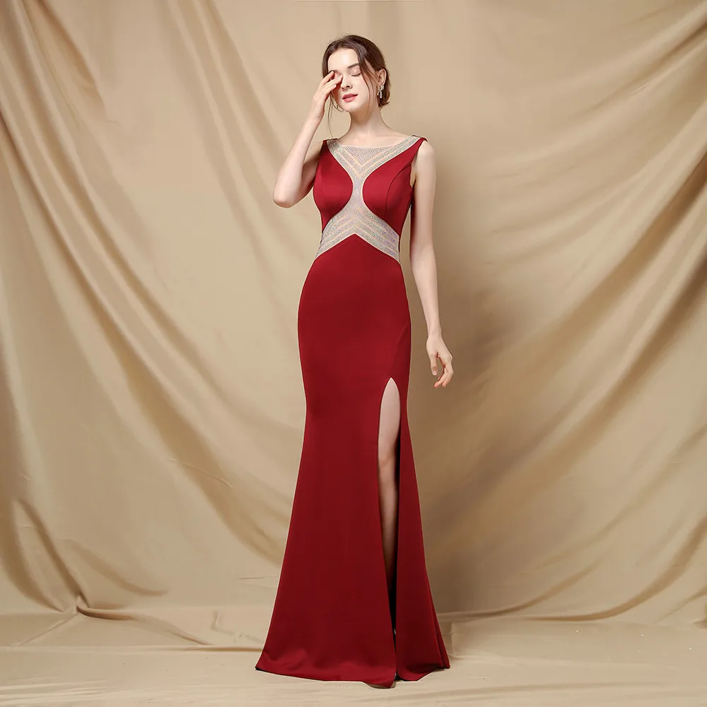 

Burgundy Satin Party Dresses Women Evening Mermaid Side Split Long Party Dress Special Occasion Dresses Gowns Night Women's Gown