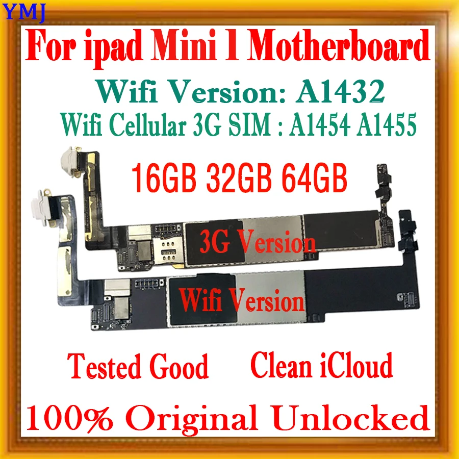 No ID Account for iPad mini 1 A1432 A1454/A1455 Motherboard WIFI Version Free iCloud Original Unlocked 3G SIM Support Plate 16GB