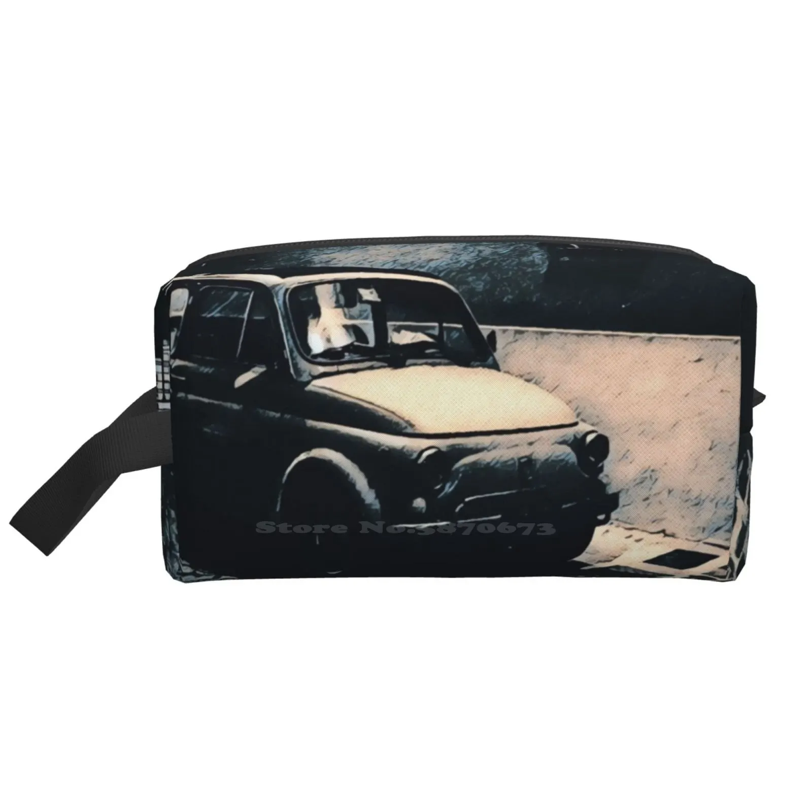 

A Classic Fiat 500 Car On A Cobbled Italian Street At Night Cosmetic Bag Travel Storge Bags Large Size 500 Italy Italian Car
