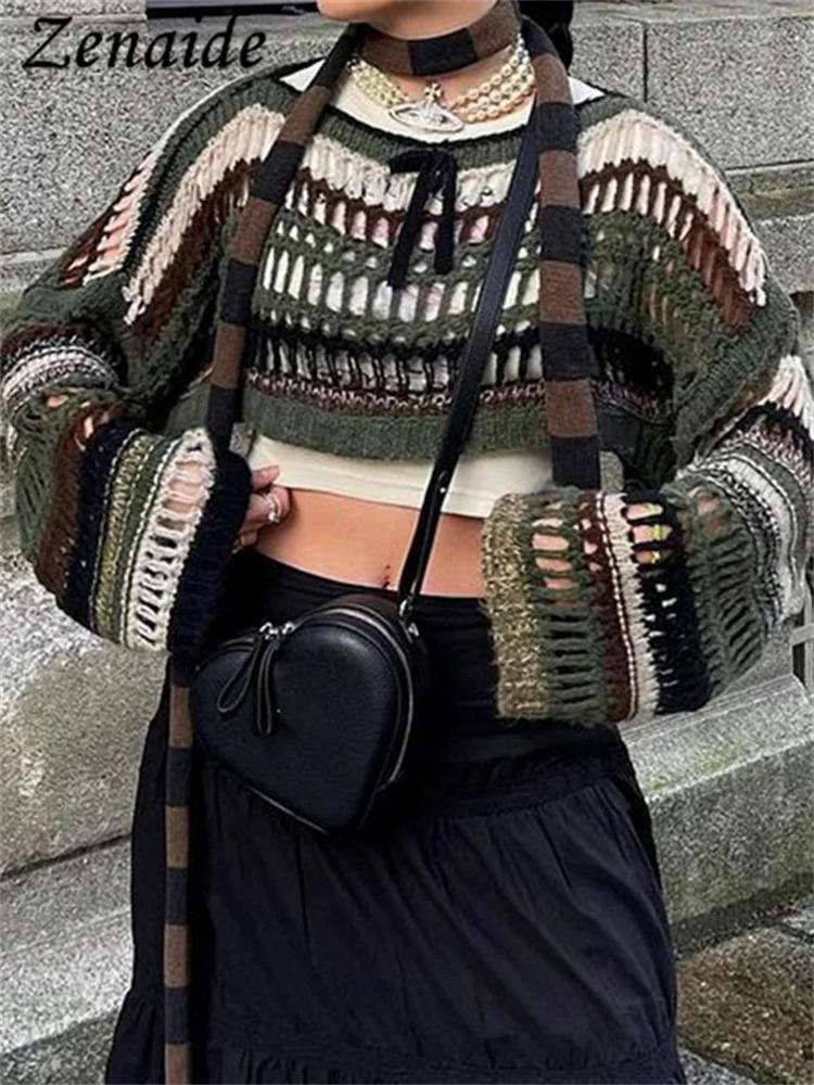 

Zenaide 2023 Summer Vintage Hollow Out Long Sleeve Crochet Crop Top See Through Y2K Smock Women Knit T Shirt Coquette Clothes