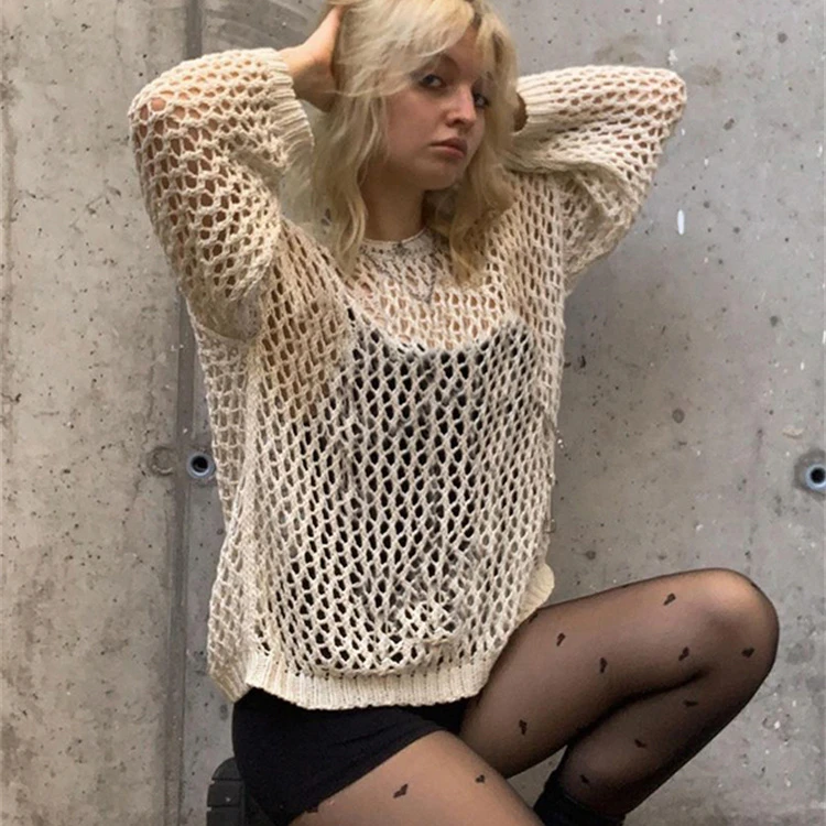 

Винтажный свитер с вырезами Y2K, топы в стиле Харадзюку, вязаные пуловеры с круглым вырезом, модная свободная прозрачная одежда, Женская трик...