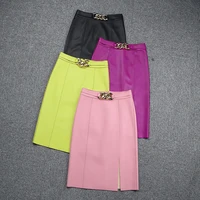 2022 winter new leather skirt high waist sheath chain slit skirt e9