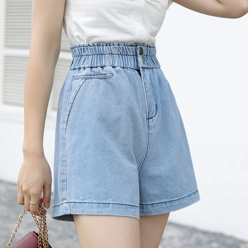 New Summer High Waist Denim White Shorts Women'S Fashion Korean Version Loose A-Word Light Color Wide Leg Elastic Bud Lady