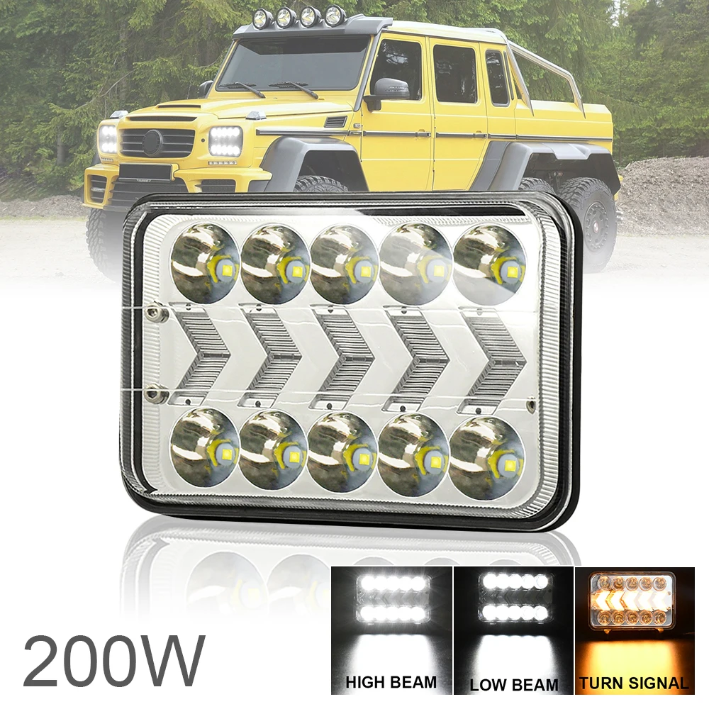 

5 Inch 4x6 200W Square Headlights White & Amber Arrow DRL Dynamic Sequential Turn Signal for Off-road Vehicle / Truck / Bus
