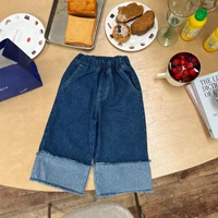 2022 autumn children loose wide leg pockets jeans girl toddler pure color denim pants kid boy cotton all maatch fashion trousers