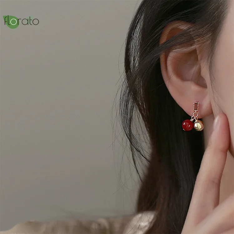 

925 silver needle Retro style redround bead stud earrings women's square festive round studs with diamonds short women's earring