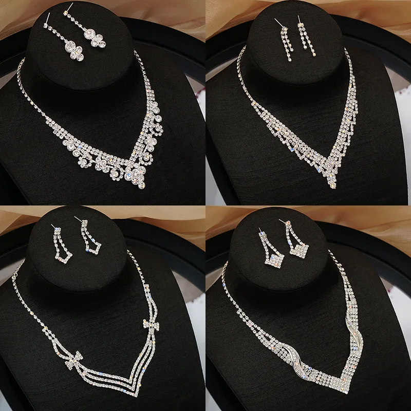 

Bride Wedding Dress Necklace Earring Set Simple Full Diamond Super Flash Rhinestone Necklace Jewelry Advanced Accessories