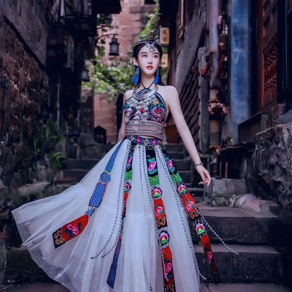 Chinese national style Miao nationality dress casual travel clothing female collar vintage embroidery women top+skirt+belt