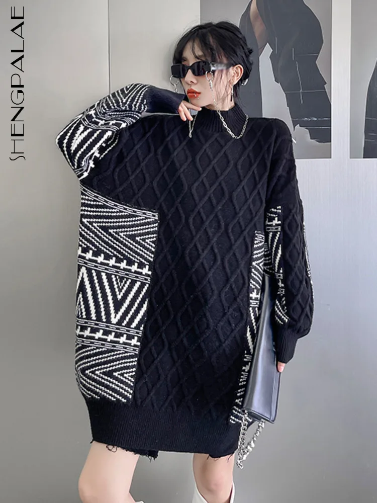 

SHENGPALAE Women's Sweater Dress High Street Stripe Design Loose Half High Collar Black Knitwear Top 2022 Winter Clothes 5R195