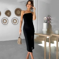 ardm elegant strapless asymmetrical black bodycon summer dresses for women 2022 sexy blackless split spaghetti party midi dress