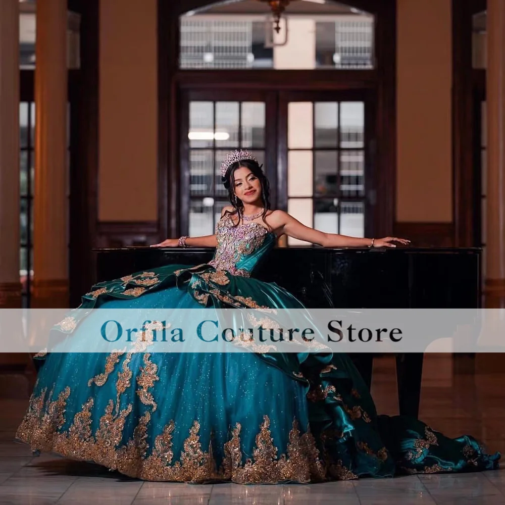 Фото Бальное платье Charro Quinceanera со спущенным яблоком, милое атласное платье для дня рождения с бусинами 16, выпускного вечера, xv платье, корсет на сп... №2