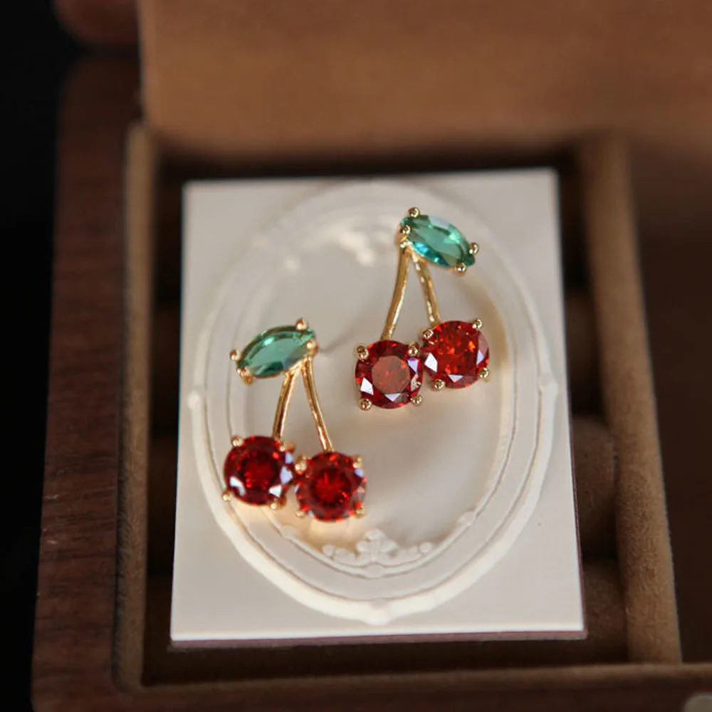 Женские серьги-гвоздики в виде вишни с красным Цирконом