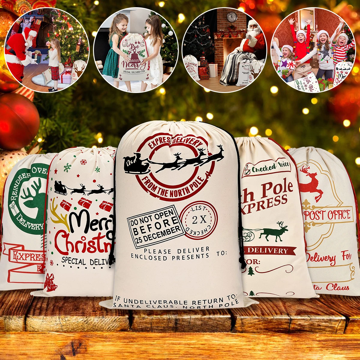 

Большие рождественские мешки на шнурке, многоразовый пакет для рождественских подарков, Холщовый хлопковый Подарочный пакет для хранения ...