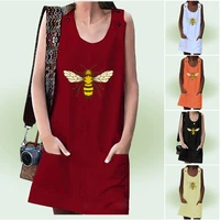 women fashion dress round collar dress summer dress sleeveless dress loose dress bee printed dress casual skirt ladies dress