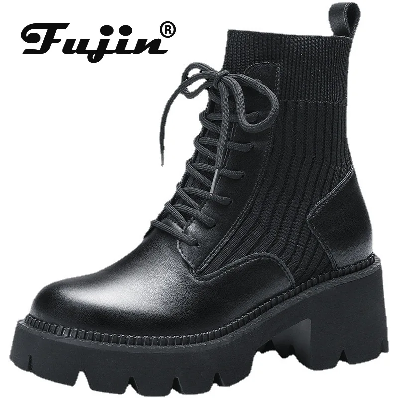 

Fujin 6,5 см эластичные носки из натуральной кожи; Сезон осень-зима; Вязаные ботинки на танкетке; Ботинки в байкерском стиле на толстой подошве; ...