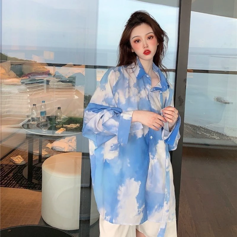 Женские летние рубашки с принтом облаков тонкие Топы длинным рукавом женская