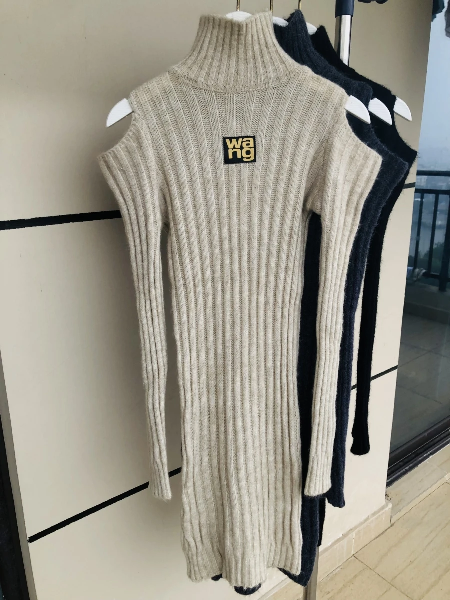

AW Wang 2023 Autumn Winter High Elasticity Off Shoulder Sweater One Piece Skirt Slim Dress For Women Pullover Korean Clothing