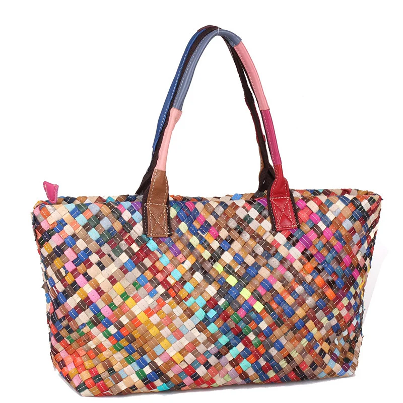 Genuine Leather Bag For Women Fashion Large Capacity Tote Bag Multi Color Bag Woven Bag Contrast Handbag Handmade Bag