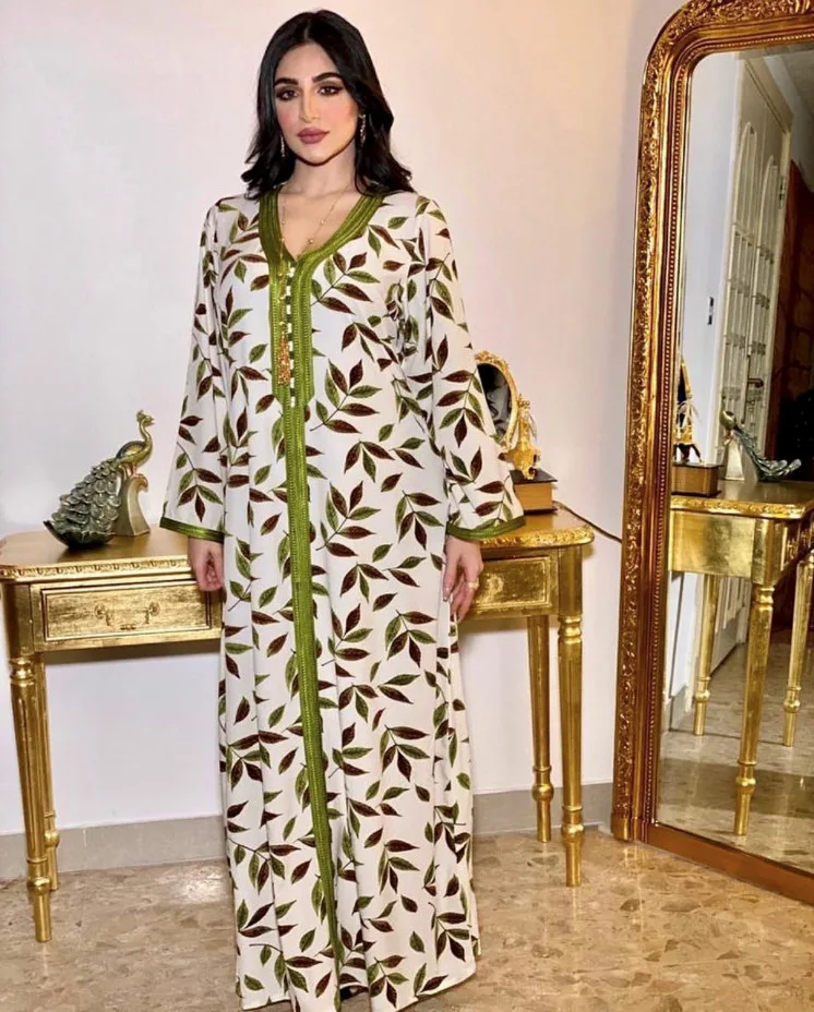 

Abaya Dress Dubai Women 2022 Fashion Embroidery V Neck Long Sleeve Leaves Print Casual Muslim Islamic Dress For Women