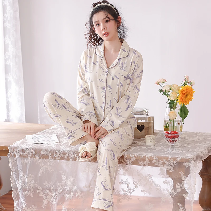 

Женский маленький Семейный комплект, осенняя Милая женская пижама большого размера в стиле принцессы с длинным рукавом, кардиган с лацканами, одежда для сна, домашняя одежда