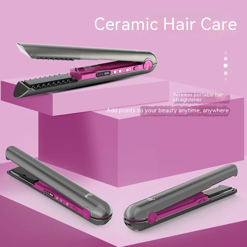 

2-в-1 роликовый беспроводной выпрямитель для волос с зарядным основанием, мини-утюжок для волос, 4800 мАч, портативный беспроводной выпрямитель для сухих и влажных волос