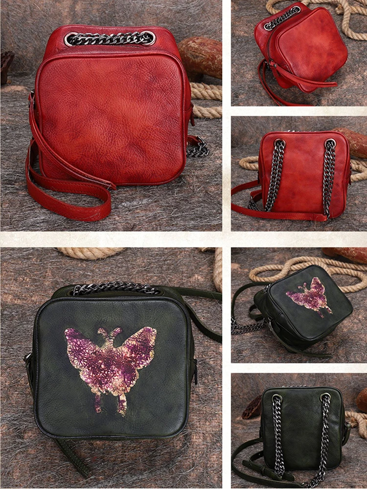

Высококачественная кожаная окрашенная бабочка с застежкой-молнией, состаренная металлическая цепь, Женская нишевая сумка через плечо