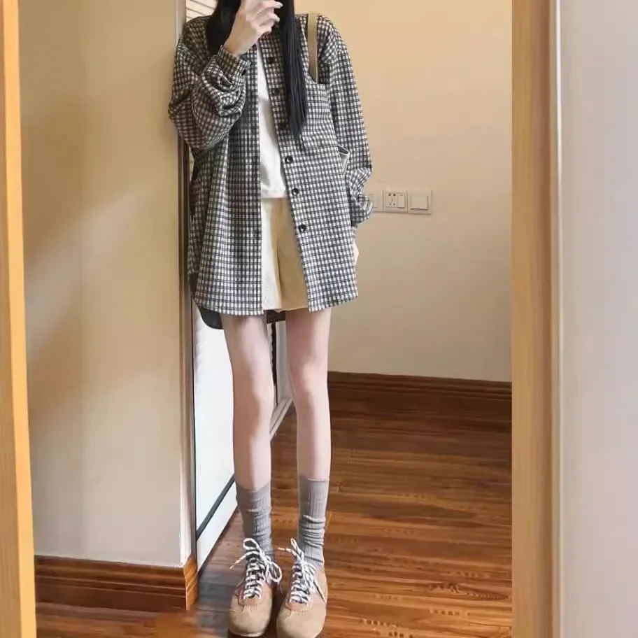 Новое поступление осенняя версия клетчатая рубашка женская утягивающая