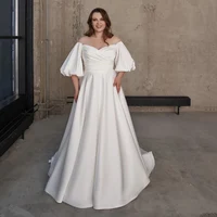 Elegant High Quality Satin Plus Size Wedding Dresses A-line Court Train Bridal Gown with Sleeves Country Bride Dress