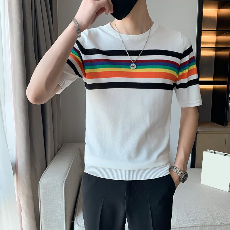 

Summer Striped T Shirt for Men Casual Tops Short Sleeves T-shirts Daily Simple Handsome O-neck Camisetas De Hombre Chic Tees