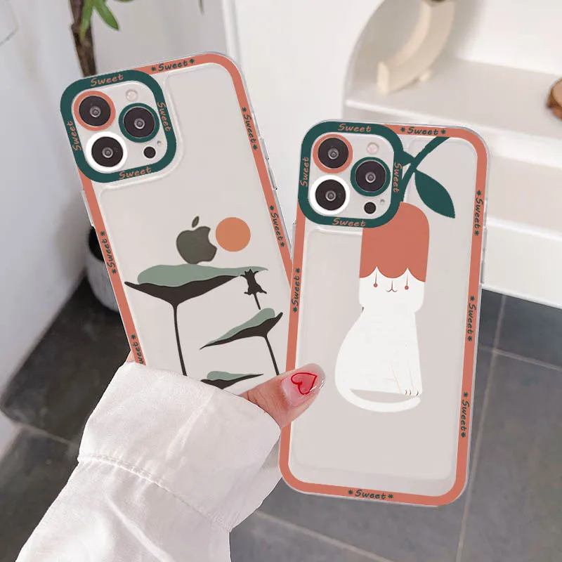 

Leaf Plant Cute Cat Flower Phone Case for iPhone 11 12 13 Mini Pro Max 14 Pro Max Case shell