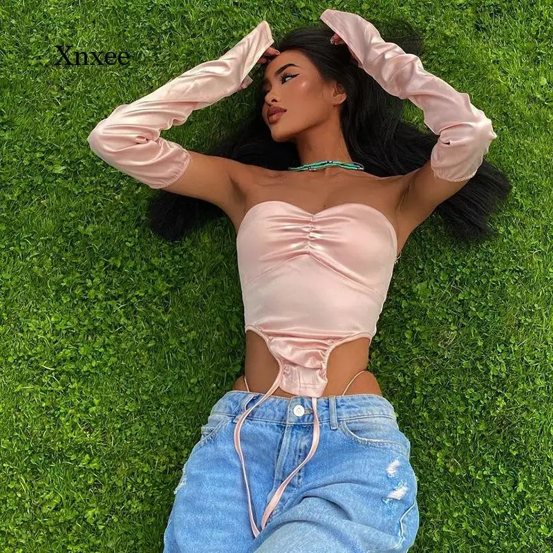 

Топ женский с открытыми плечами, пикантная ассиметричная однотонная бандажная блузка с длинным рукавом и открытой спиной, повседневная май...