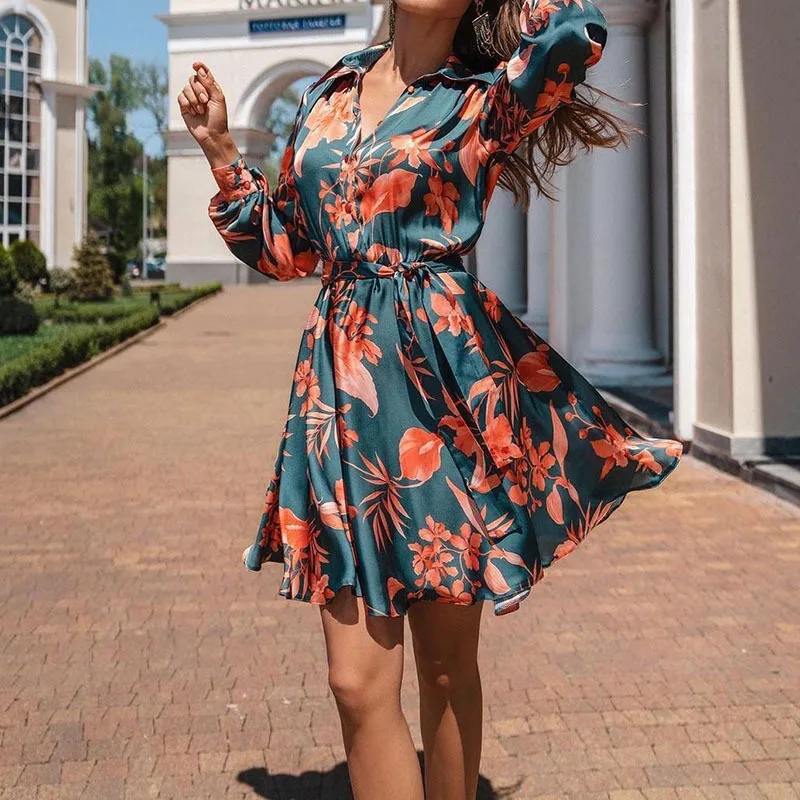 

Long Sleeve Tied Shirt Collar Button Large Women's New French Elegant Printed Swing Dress V Neck Sexy Party Evening