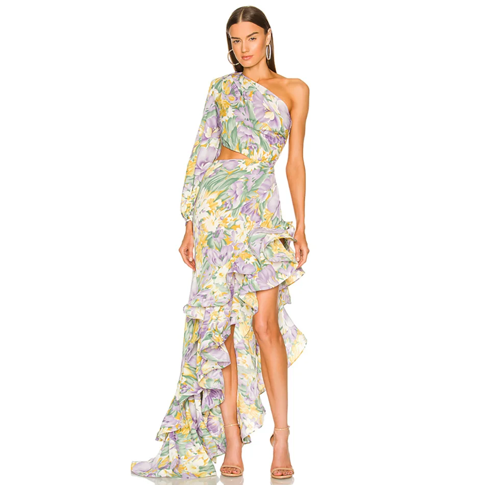 

Sexy One Shoulder Luxury Designer Clothing Women Floral Dress Vestido Fiesta Maxi Long Robes Longues Party Club Summer Outfits