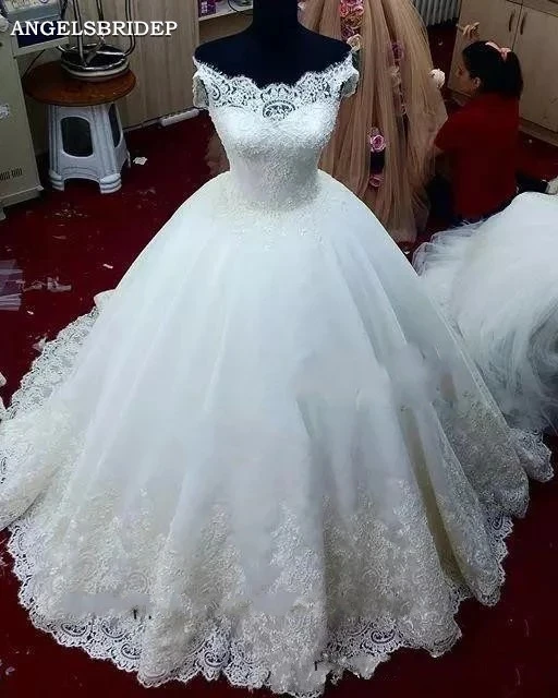 

ANGELSBRIDEP бальное платье с вырезом лодочкой Свадебные платья Robe De Mariee Модные платья с аппликацией со шлейфом на шнуровке сзади