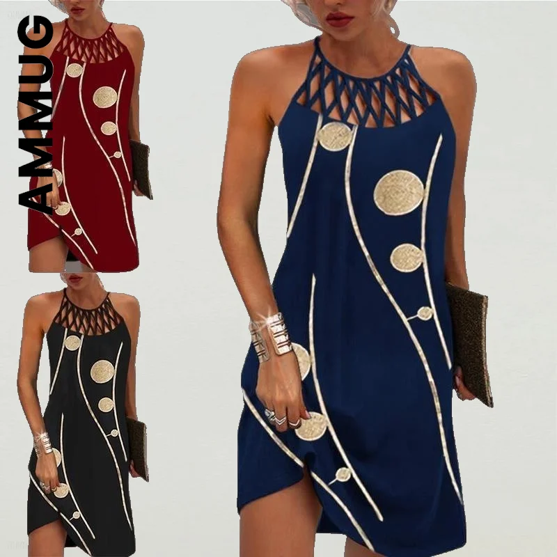 

Ammug Fashion Halter Hollow Out Mini Dress Printed Sleeveless Dresses Slim Streetwear Elegant Vestidos Female Dresses Woman