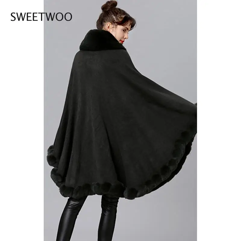 Elegant V Lapel Rex Rabbit Fur Coat Cape Winter Women Big Long Shawl Full Trim Faux Fur Cashmere Cloak Overcoat Parka 2022 New