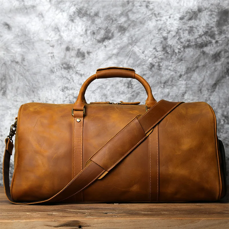 

Men's Retro Genuine Leather Travel Bags Hand Luggage First Layer Cowhide 20-35L Weekend Business Trip Handbag Shoulder Messenger