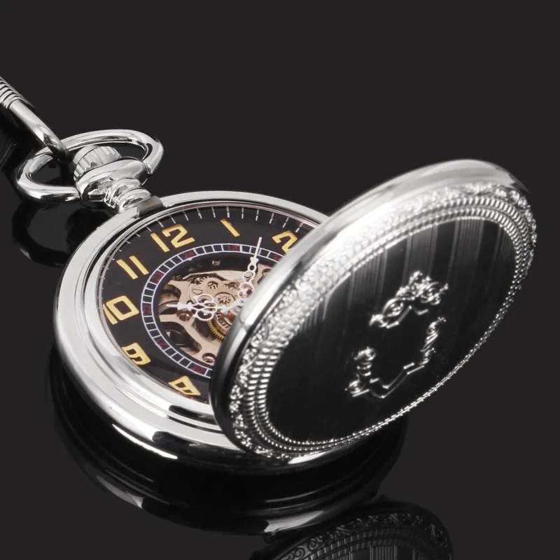 Silver Mechanical Hand Wind Antique Pocket Watch Exquisite Blue Roman Numerals Display Skeleton Pendant Clock Gifts Elder