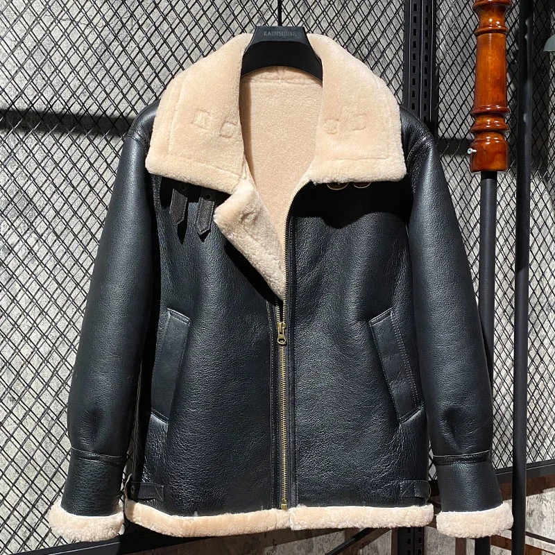 

Winter Jacket Black Shearling Bomber Sheepskin Leather Fur Coat Men's Coat Aviator Outerwear Trench Flight Thick Winter Jacket