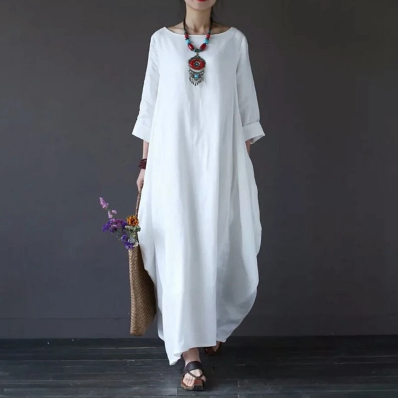 

Summer Autumn Big Size Dresses Women 4xl 5xl Loose Long Vintage Dress Boho Shirt Dress Maxi Robe Fashion Female White Dress