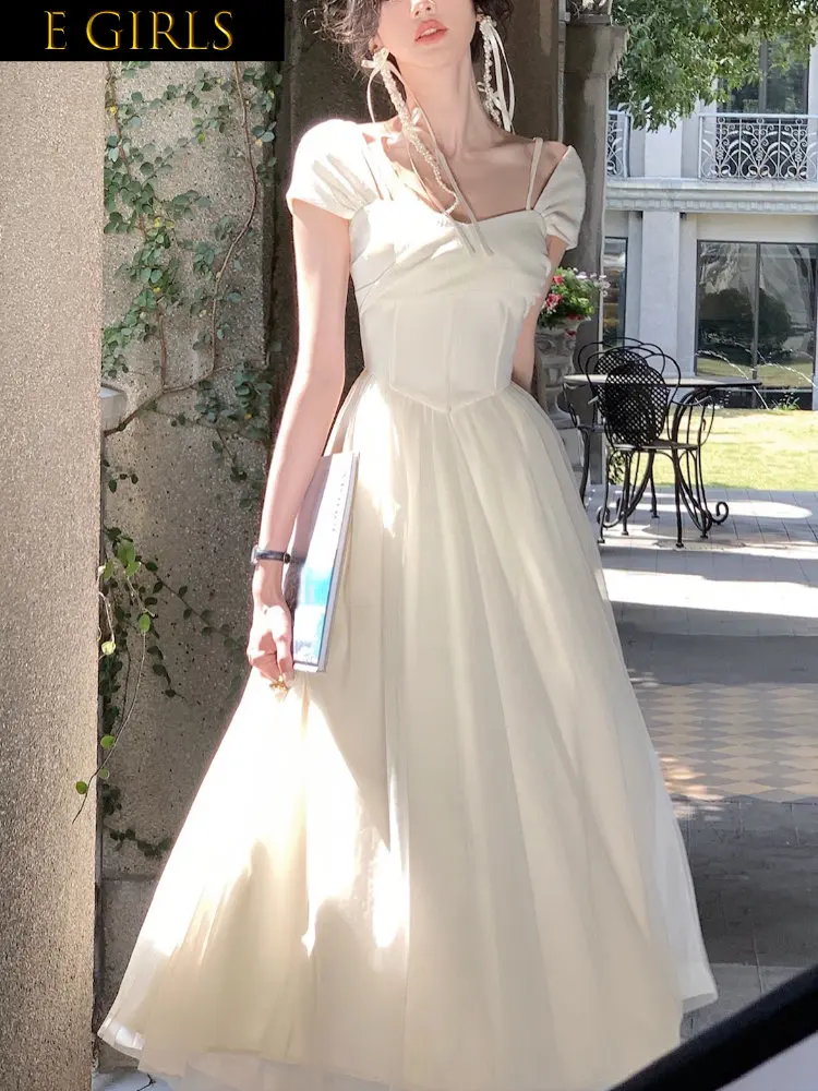 

Elegant Party Dresses For Women 2023Pure Color French Elegant Dress Office Lady 2023 Summer Short Sleeve Fairy Midi Dress Casual