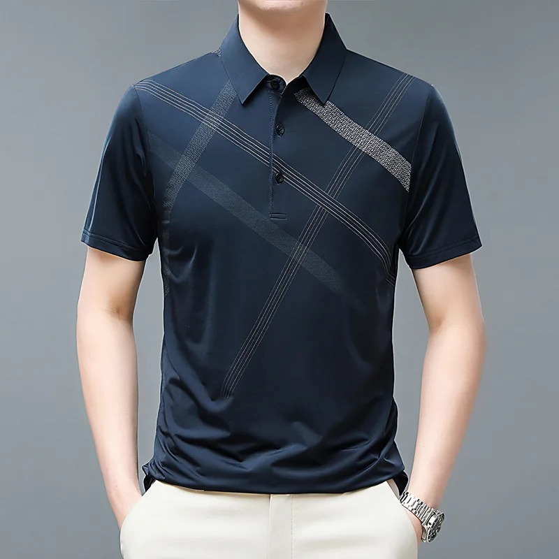 New Summer Short Sleeve Polo Shirt Men's Striped Business Polo Neck T-shirt Golf Clothing Men's Ice Silk Top