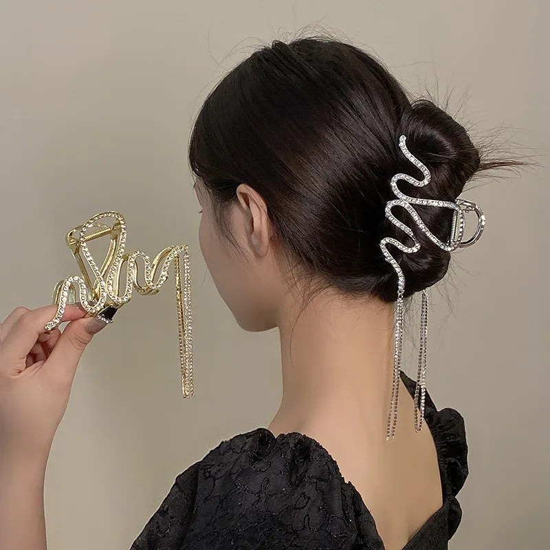 

Korean Version Metal Rhinestone Geometric Tassel Shark Clip Bride Wedding Party Luxury Hair Clip Women's Charm Hair Accessories