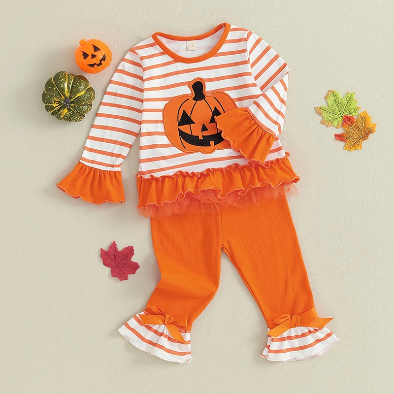 

1-6Y Toddler Girls Halloween Outfits Striped Pumpkin Print Long Sleeve Ruffle Tops Flare Pants 2pcs Children's Clothing Sets