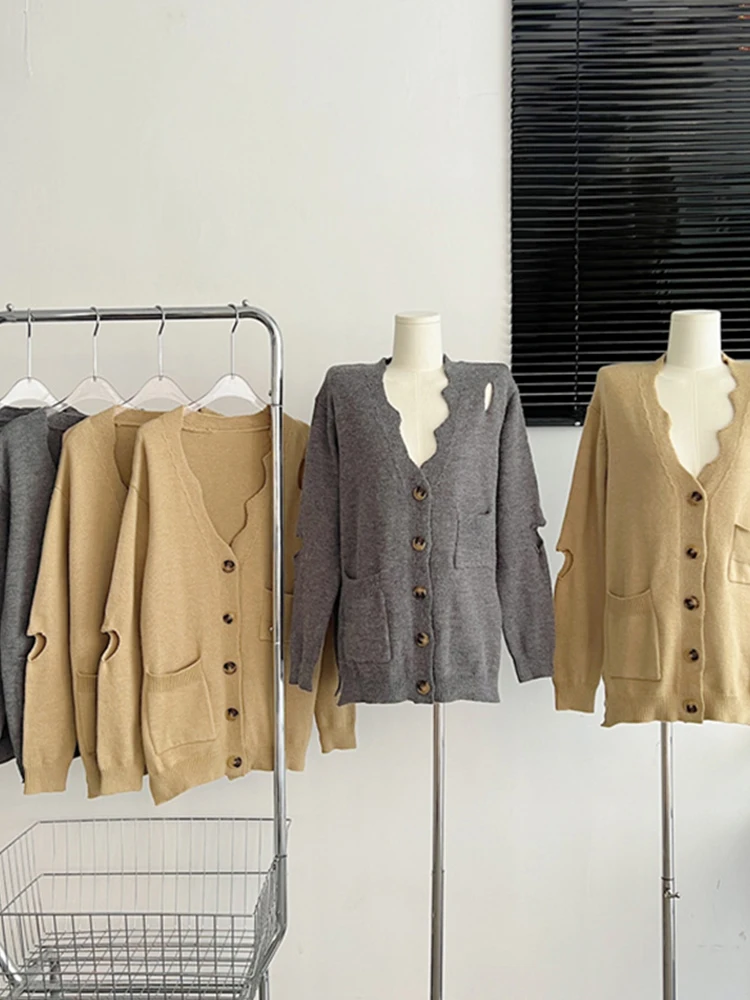 

Вязаный кардиган с V-образным вырезом, женский свободный тонкий свитер большого размера, универсальная куртка, однотонный базовый маленьки...